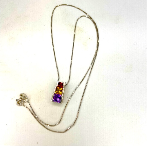 Vtg Gemstone Pendant Necklace 925 Sterling Silver Amethyst Citrine Garnet Box - Picture 6 of 8